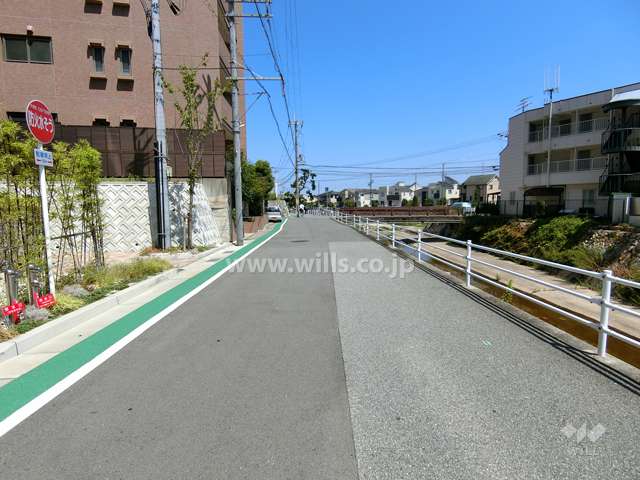 敷地南側の前面道路。道を挟んで小仁川が流れています。