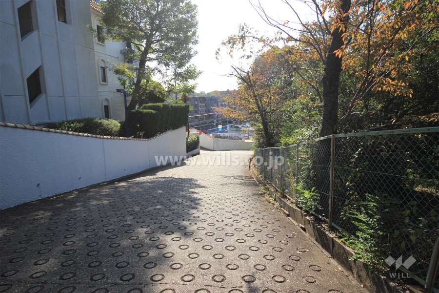 敷地西側の前面道路。坂道になっています。