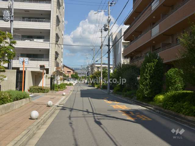 マンション外観の一部と東側前面道路（南側から）
