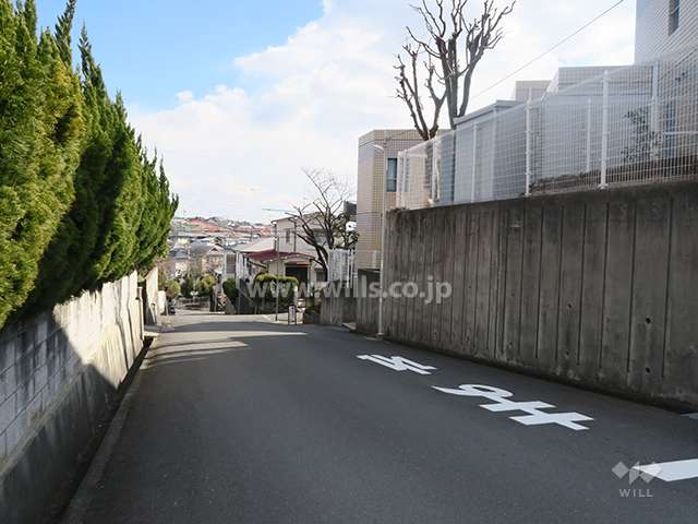 北東側前面道路とマンション建物一部