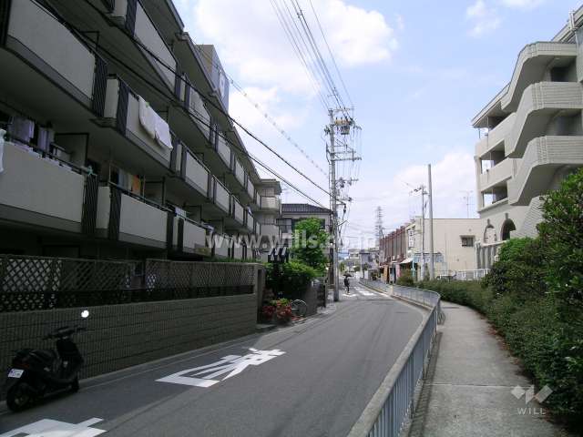 前面道路（道幅は狭め）　周辺にはマンションと一戸建てが混在しています