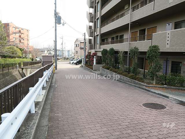 東側前面道路とマンション建物一部