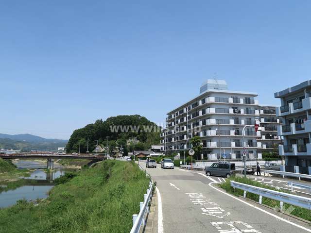 敷地西側の前面道路。道を挟んで勝尾寺川が流れています。