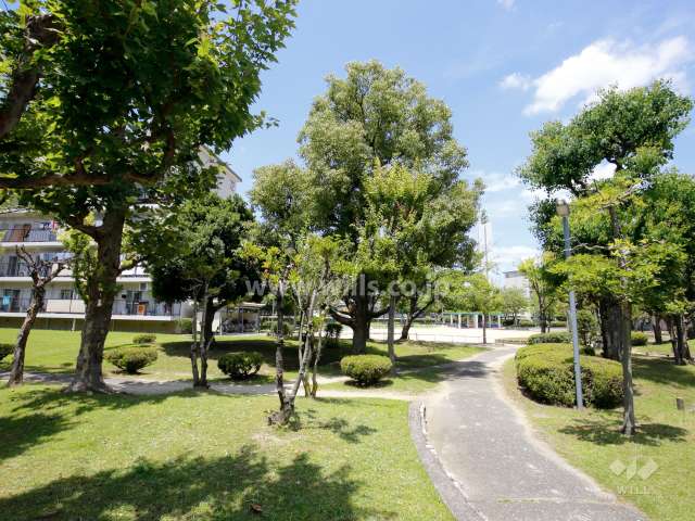 敷地内の緑の間を抜ける通路