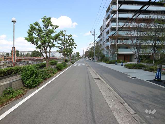 敷地北西側の前面道路。北西側に川が流れています。