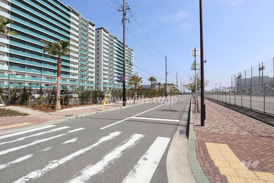 南側前面道路とマンション建物一部（西側から）