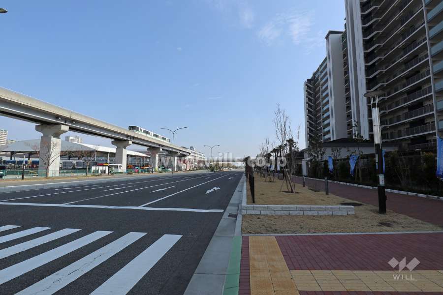 北側前面道路とマンション建物一部（西側から）