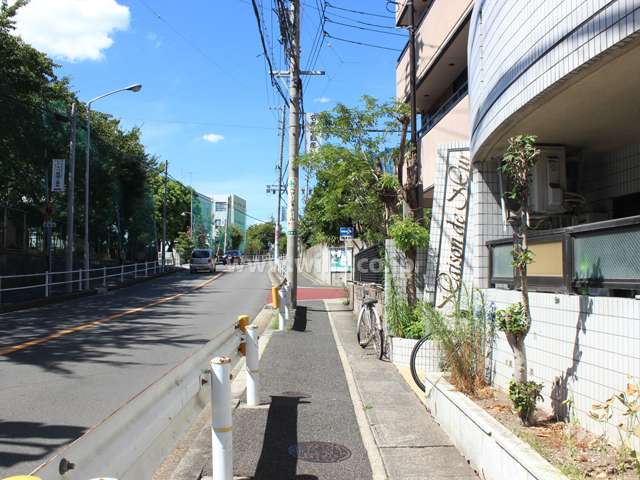 敷地西側の前面道路.正面に小学校があります.