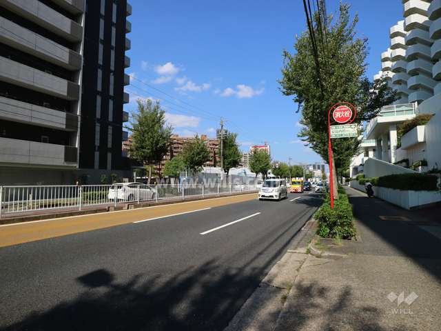 敷地北西側の前面道路。基幹バス専用レーン含め片側3車線の道路です。