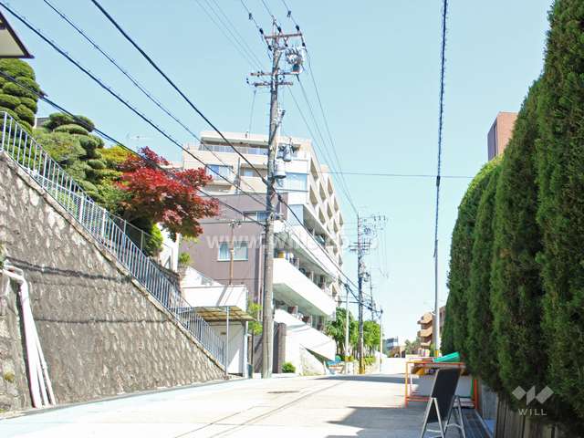 敷地北側の前面道路。坂になっています。
