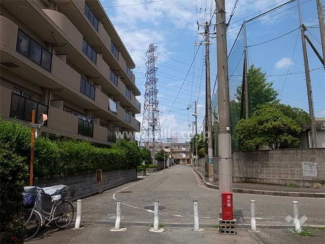敷地東側の前面道路。道を挟んで向かい側には第十六中学校があります。