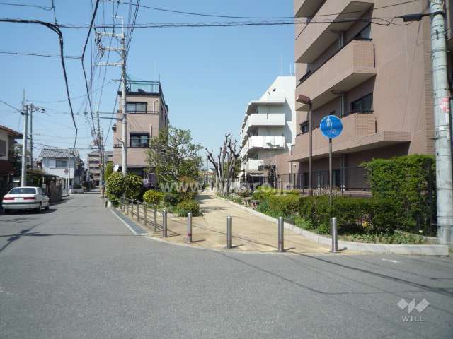 西側前面道路。歩道になっており、植栽の緑がきれいです。