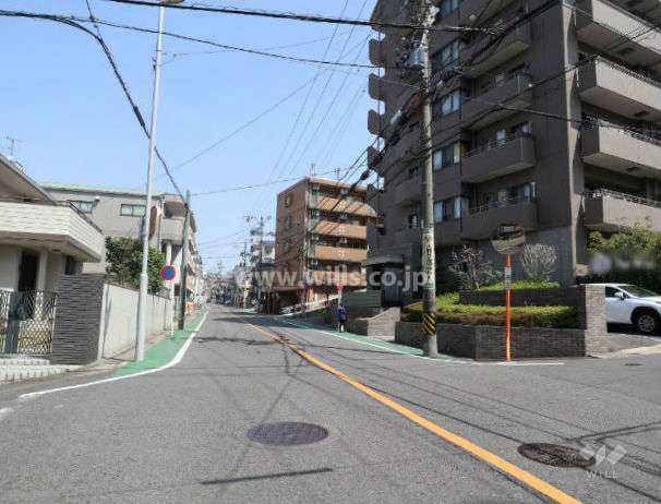 敷地の西側の前面道路(二車線のバス通り)