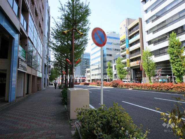 敷地北側の前面道路。片側三車線の広い通りです。