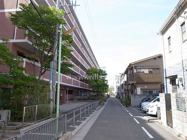 敷地東側の通り。周辺には一戸建てが中心に立ち並んでいます。