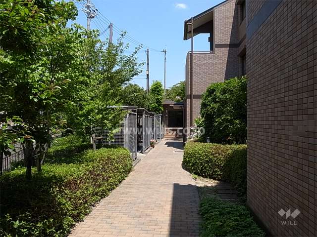 敷地内の通路。植栽スペースが多く設けられています。