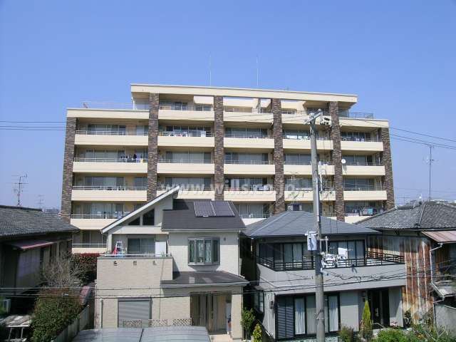 ネバーランド豊中岡町の外観（南側から）　周辺は一戸建てが中心に立ち並ぶ住宅地。