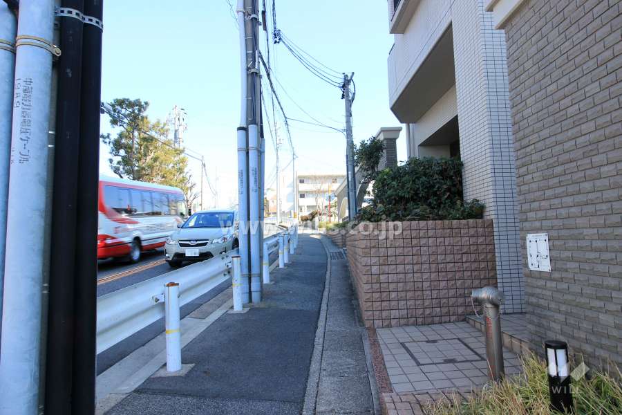 敷地北側の前面道路.交通量の多い通りに面しています。
