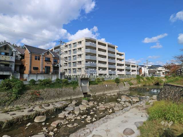 千里川を挟んで向かい側から見たネバーランド豊中ロマンテの遠景