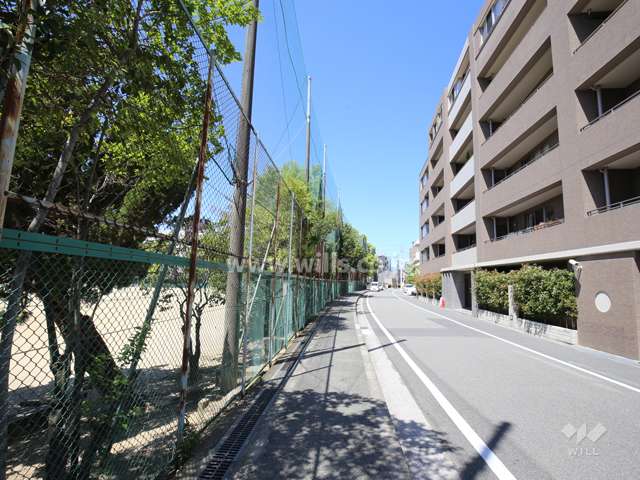 敷地南側の前面道路。道を挟んで向かい側は大曽公園です。