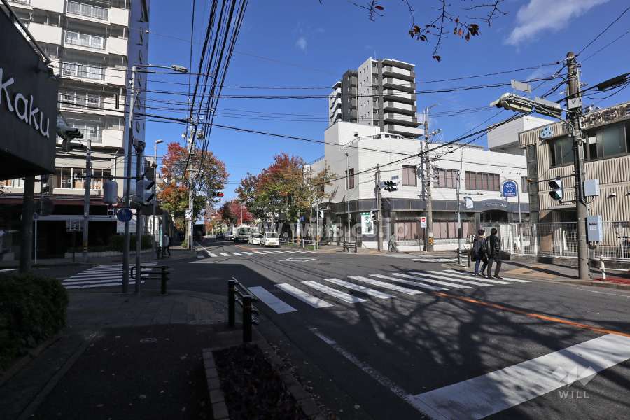 ローレルコート藤が丘ヴィスタの遠景。敷地西側は店舗やマンションなどが混在しています。