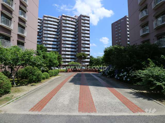 A棟とB棟の間の共有スペース。敷地内の各所に植栽がスペースがあります。