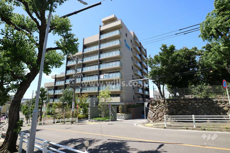 プレサンスロジェ白壁ヒルズの遠景。周辺は、マンションや一戸建てなどが混在する静かな町です。