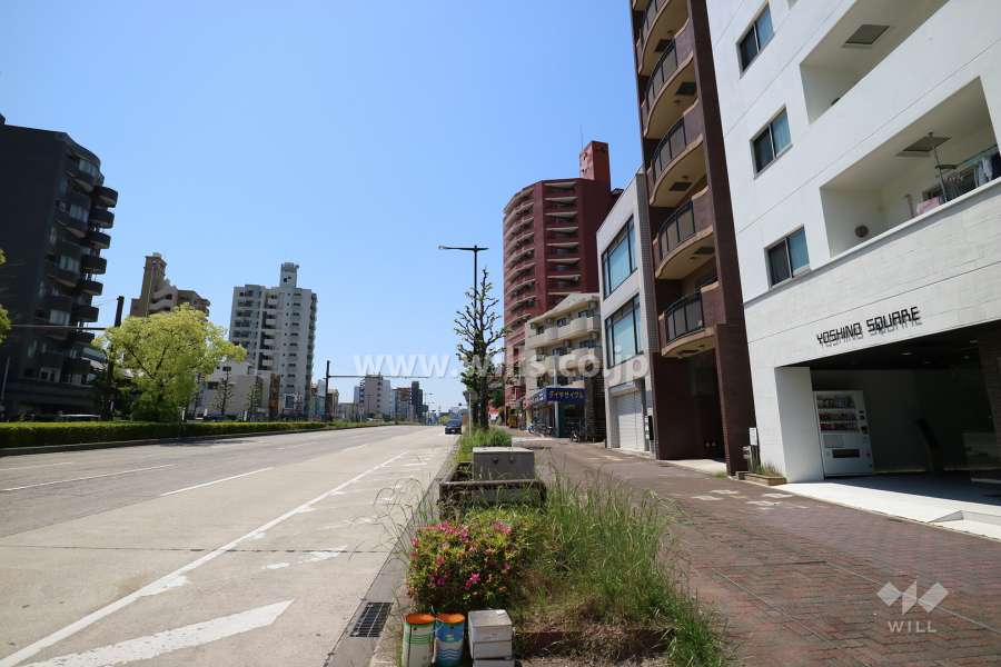 シャンボール芳野の遠景。周辺は住宅の他、店舗や事務所などが混在する街です。