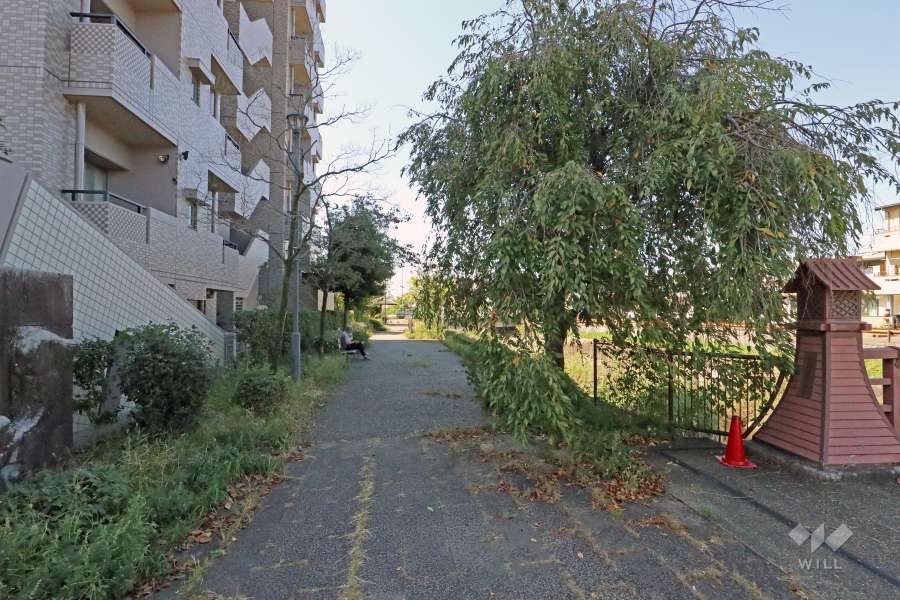 北側は小川沿いの散歩道が続き、ベンチで憩うこともできます。