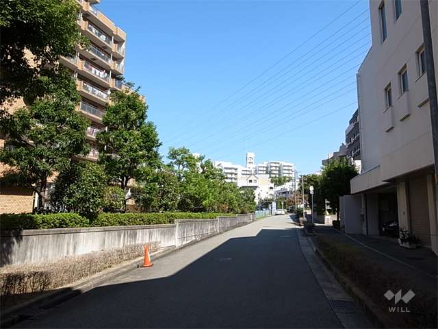 敷地の南東側前面道路。敷地の3方が接道し、開放感のある立地。