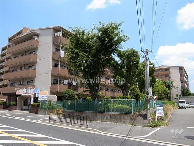 西側はバス通りに面し、1階部分に店舗、南側に公園があります。