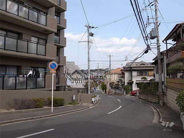 敷地南側の前面道路。道を挟んで南側には一戸建てが立ち並んでいます。