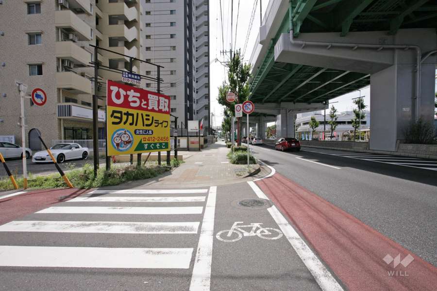 敷地北側は片側二車線の県道が通っています。