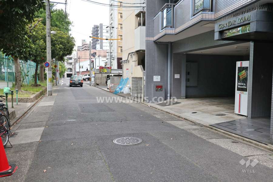 敷地北側の前面道路。道を挟んで向かい側は『七小公園』です。