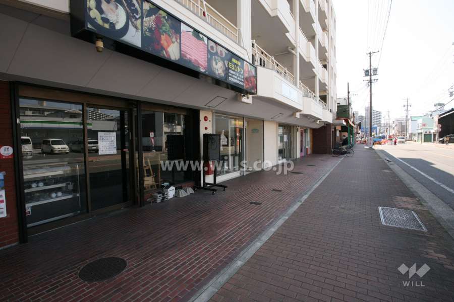 敷地北側の前面道路。１Fはテナント店舗が複数あります。
