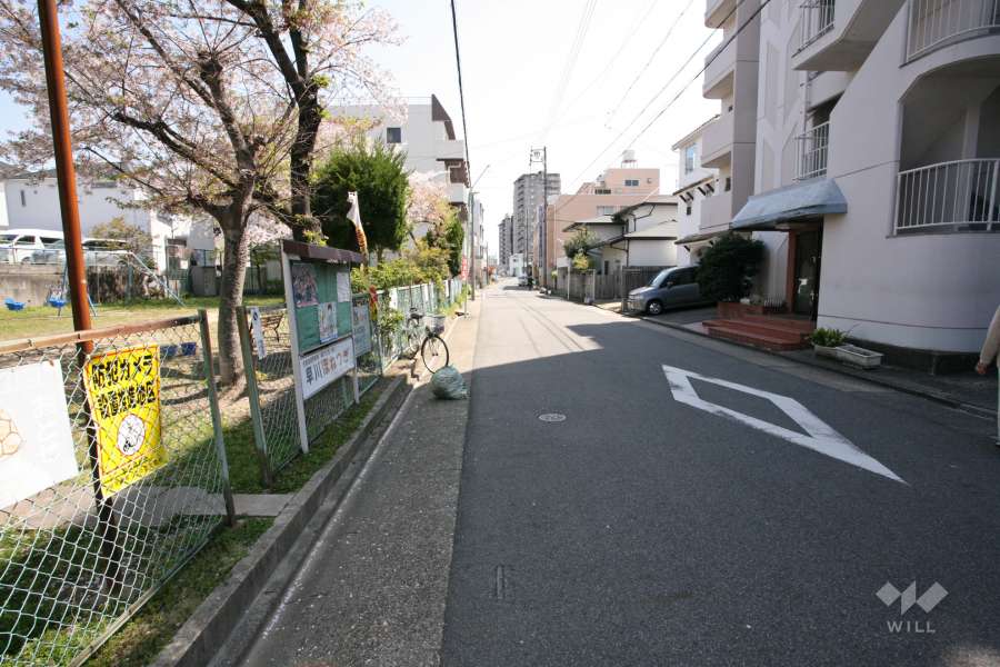 敷地北側の前面道路。道を挟んで『豊門町公民会どんぐりひろば』があります。