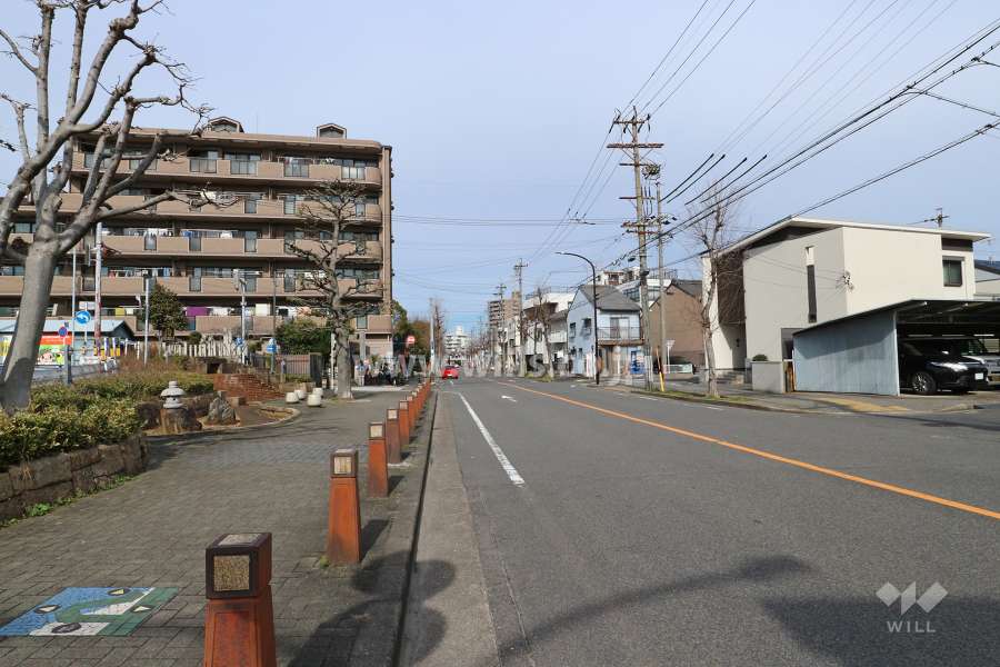 敷地東側の前面道路。敷地東南側には秋葉神社、軻具突智社（かぐつちしゃ）が隣接しています。