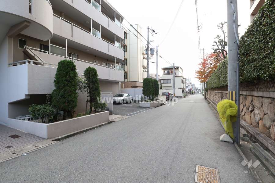 北側前面道路とマンション外観（東側から）