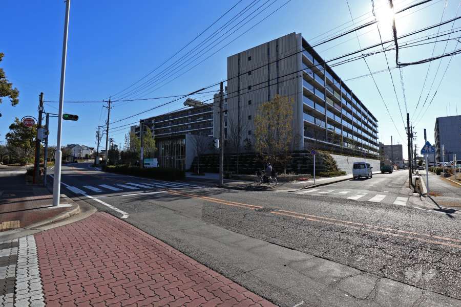 敷地北側の前面道路と西側道路。左手奥は、春には桜が咲く『鳴子藤川公園』です。