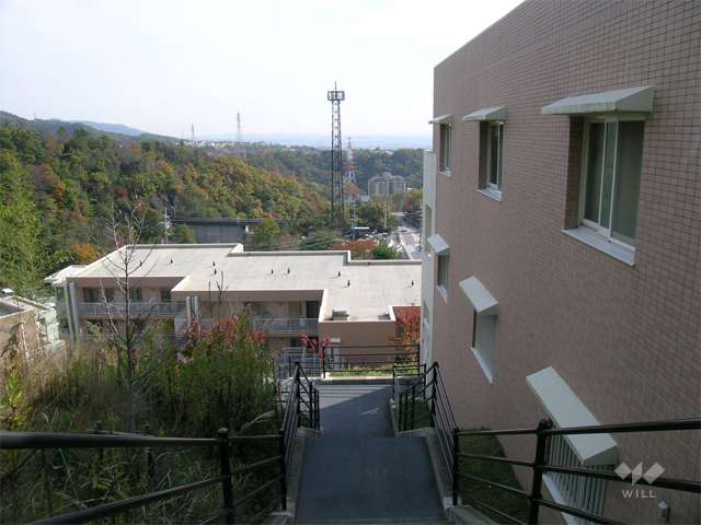 山の中腹にあり、周辺は緑豊かです。