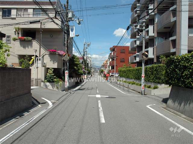 敷地南側の通り。交通量は少なく、比較的静かです。