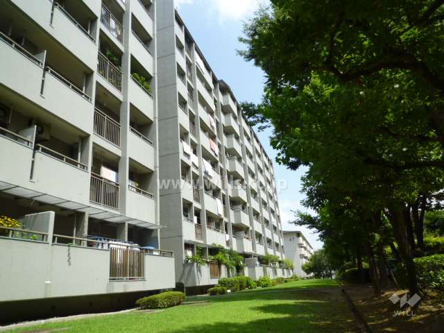公社山田西第二次団地A-8棟の外観（北西側から）　敷地内はたいへん緑豊かです。