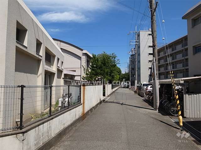 敷地北側の前面道路。道を挟んで塚口小学校があります。