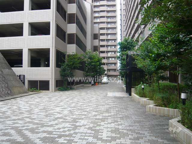 敷地内の通路。通路沿いに各エントランスが並んでいます。