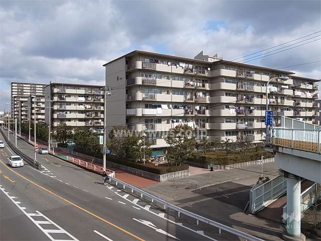 立花グリーンハイツの全景。敷地西側は五合橋線に面しています。