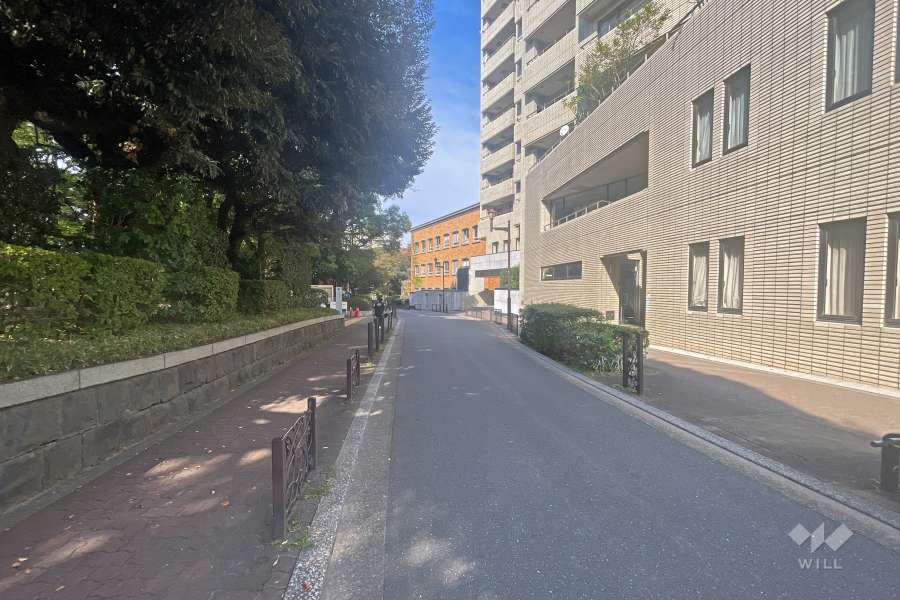 敷地南西側の前面道路（南東側から）。向かいは『有栖川宮記念公園』です。