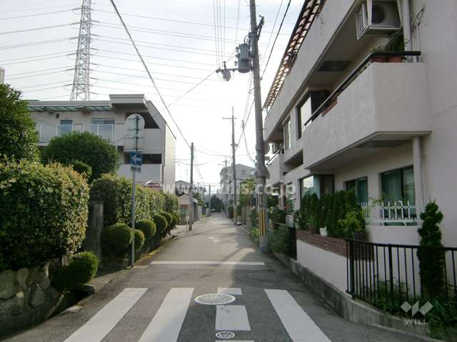 敷地南側の前面道路。周辺は区画の整った閑静な住宅地です。