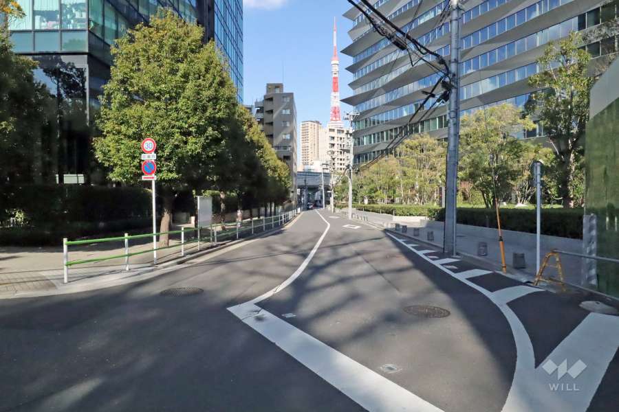 敷地南東側前面道路からは東京タワーが見えます(南西側から)。