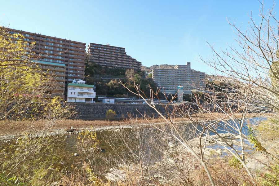 ダイアパレス宝塚月見山の遠景。敷地北側を武庫川が流れています。
