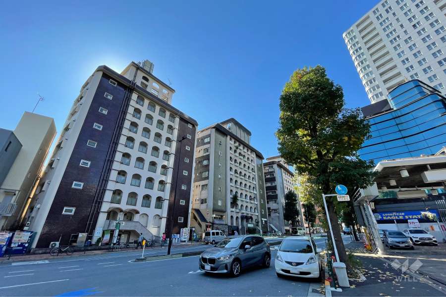 セントラル青山の遠景。周辺は住宅の他、店舗や事務所などが混在する街です。